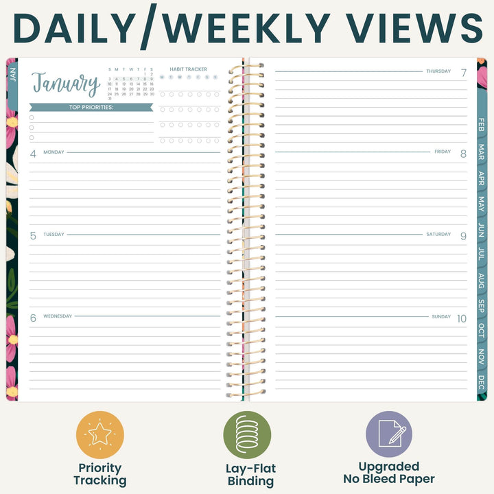 An open spiral-bound planner shown from the inside with a daily and weekly view layout, titled 'DAILY/WEEKLY VIEWS.' The page has lined sections for each day of the week, a calendar for January, a habit tracker, and decorative floral side borders.