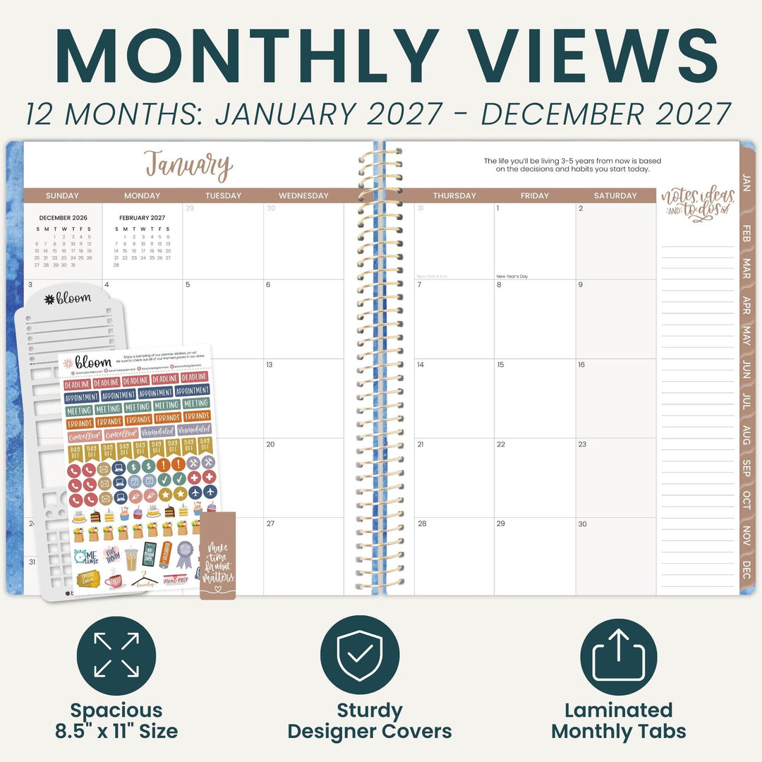 A promotional graphic for a monthly planner view showing a large January calendar spread, a smaller February view page, and sticker sheets on a light beige background. Large text at the top reads 'MONTHLY VIEWS' and '12 MONTHS: JANUARY 2027 - DECEMBER 2027,' with feature icons at the bottom describing spacious 8.