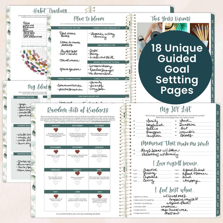 Guided goal setting pages from a planner with various sections on a white background.