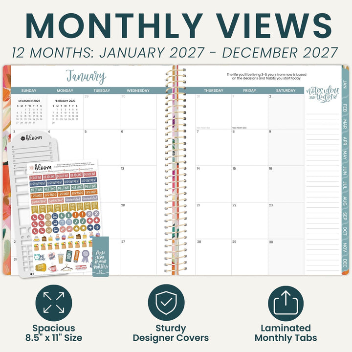 A planner monthly view cover and sticker set shown on a light beige background with large text reading 'MONTHLY VIEWS' and '12 MONTHS: JANUARY 2027 - DECEMBER 2027.' The planner page displays a January calendar layout with columns for Sunday through Saturday, a weekly overview grid, and colorful spiral-bound tabs.
