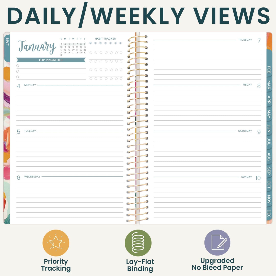 An open spiral-bound planner or notebook showing a daily and weekly view layout with lined pages, a calendar for January, and colored sidebar headers. Large text at the top reads 'DAILY/WEEKLY VIEWS,' and three feature icons and labels appear along the bottom.