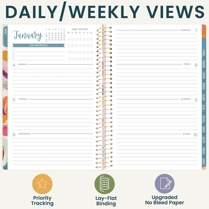 An open spiral-bound planner or notebook showing a daily and weekly view layout with lined pages, a calendar for January, and colored sidebar headers. Large text at the top reads 'DAILY/WEEKLY VIEWS,' and three feature icons and labels appear along the bottom.