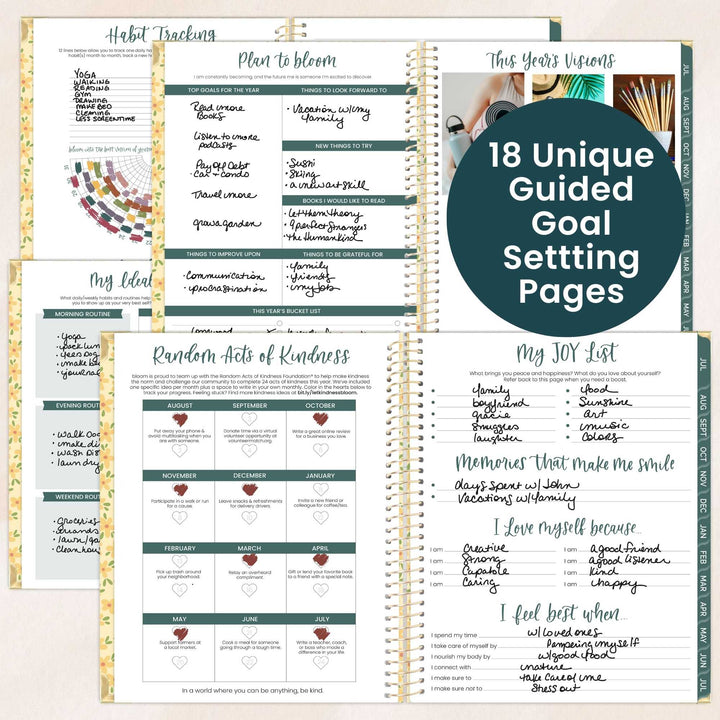 Guided goal setting pages from a planner with various sections on a white background.