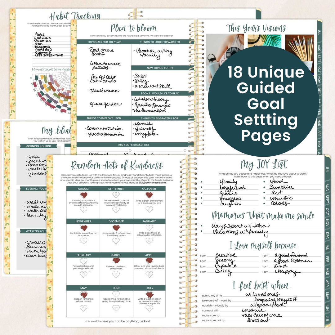 Guided goal setting pages from a planner with various sections on a white background.