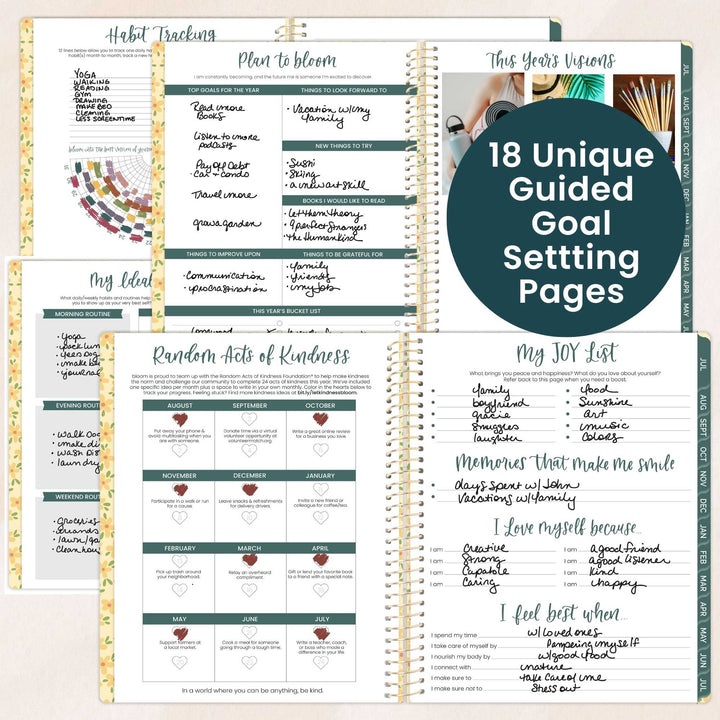 Guided goal setting pages from a planner with various sections on a white background.