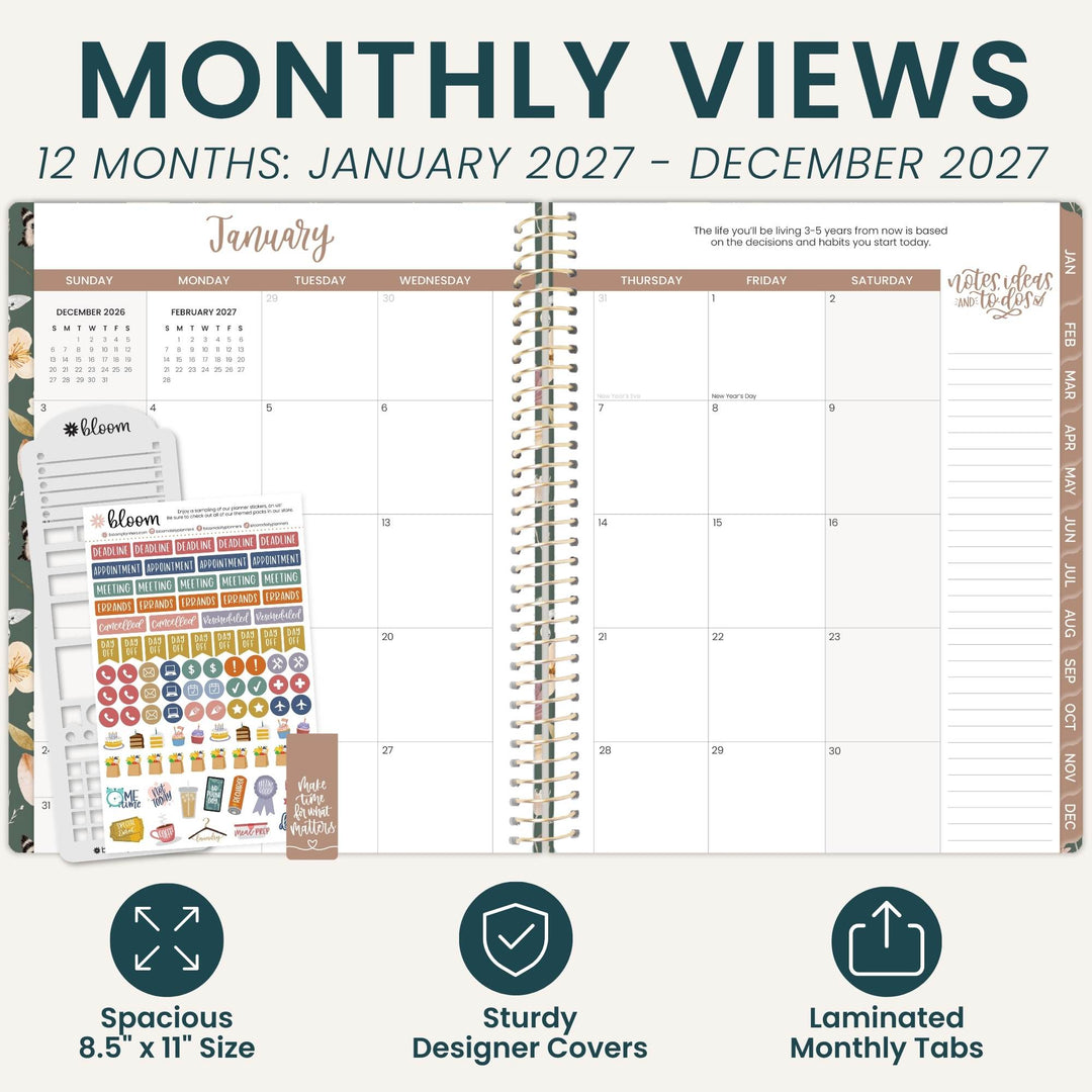 A promotional graphic for a monthly planner showing a 12-month view from January 2027 to December 2027, with spiral-bound pages, colorful planner stickers, and feature icons for spacious size, sturdy designer covers, and laminated monthly tabs.