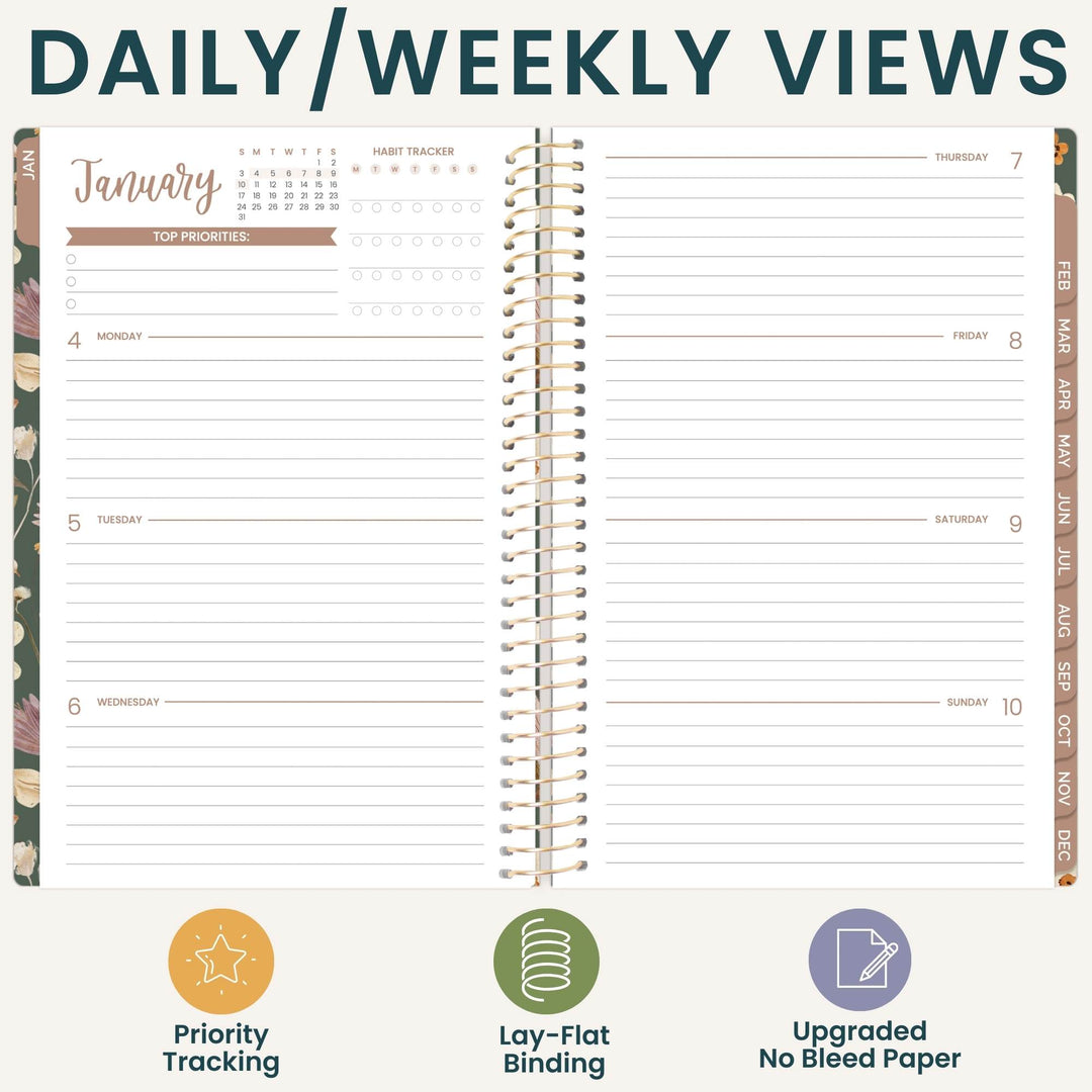 An open spiral-bound planner shown from the inside with daily and weekly view sections, decorative floral side borders, and three feature icons and text below: Priority Tracking, Lay-Flat Binding, and Updated No Bleed Paper.