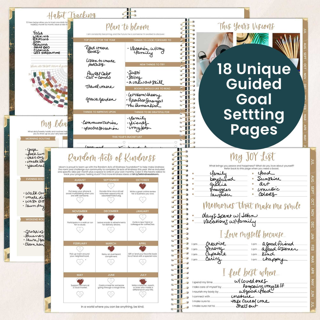 Open planner showing guided goal setting pages with text and checkboxes.