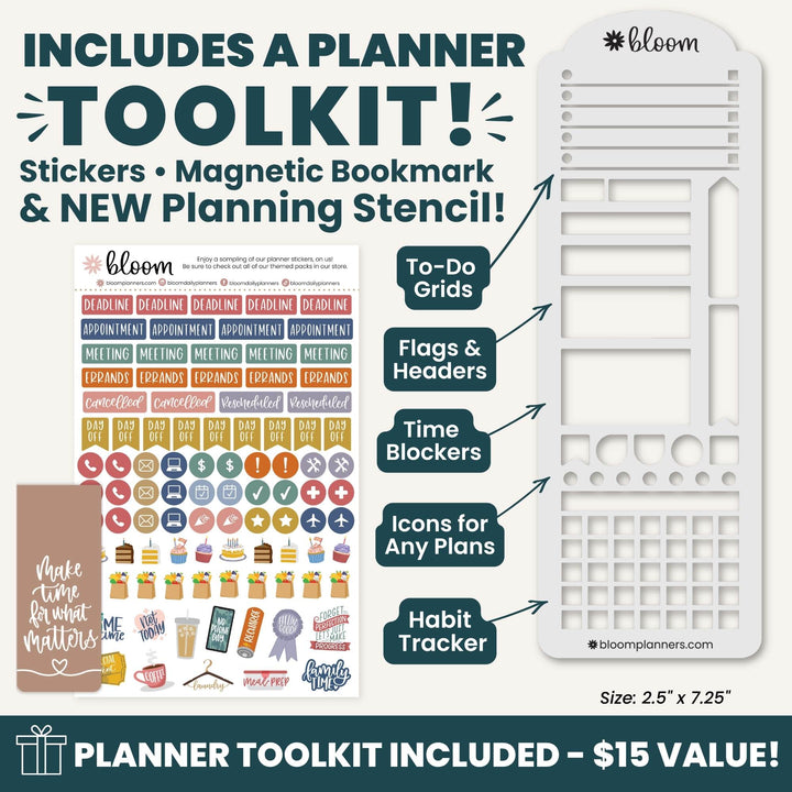 Promotional graphic for a Bloom planner toolkit, showing a large white planner stencil on the right, a sheet of colorful stickers on the left, and callout labels pointing to included features: to-do grids, flags and headers, time blockers, icons for any plans, and habit tracker. Text at the top says the kit includes a planner toolkit, stickers, magnetic bookmark, and new planning stencil.