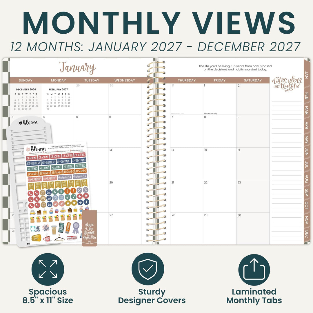 A promotional graphic for a laminated monthly planner view. The main subject is an open spiral-bound monthly calendar page showing January 2027, with smaller inset images of sticker sheets and planner tabs on the left.