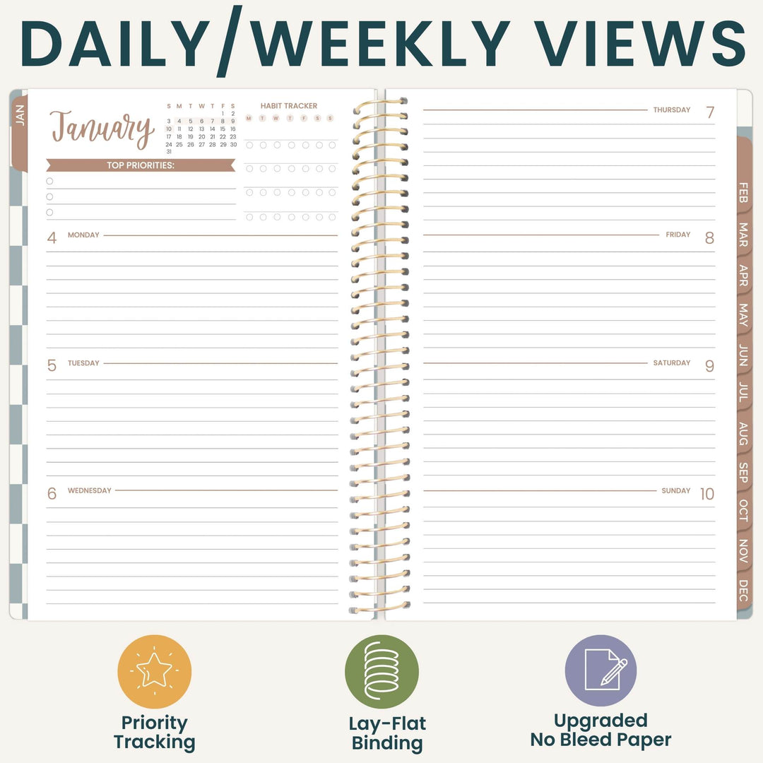 An open spiral-bound planner showing a daily and weekly view layout with lined sections for Monday through Sunday, header columns for months, and feature icons at the bottom highlighting priority tracking, lay-flat binding, and no bleed paper.