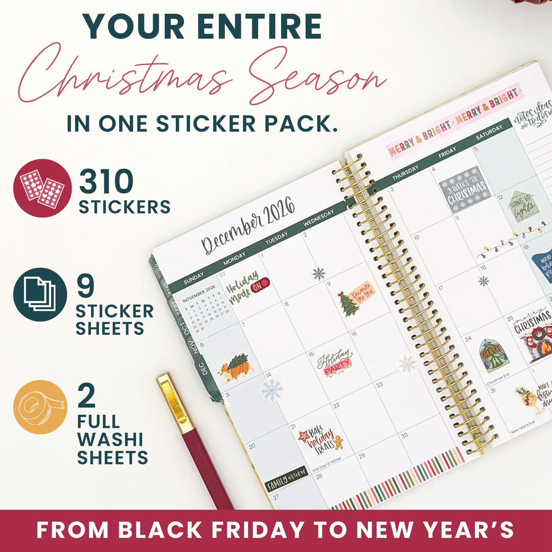 Christmas season sticker pack with 310 stickers, 9 sticker sheets shown on planners