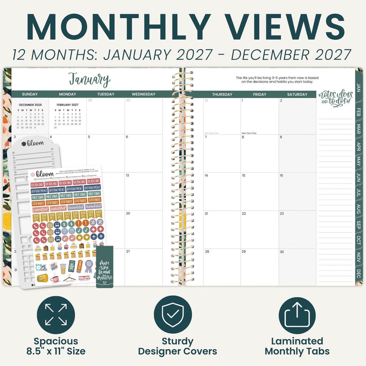 An open spiral-bound monthly planner shown on a light beige background with promotional text. The planner page displays a January calendar layout with columns for Sunday through Saturday, a weekly summary area at the top, and labeled tabs on the left including Bloom stickers.