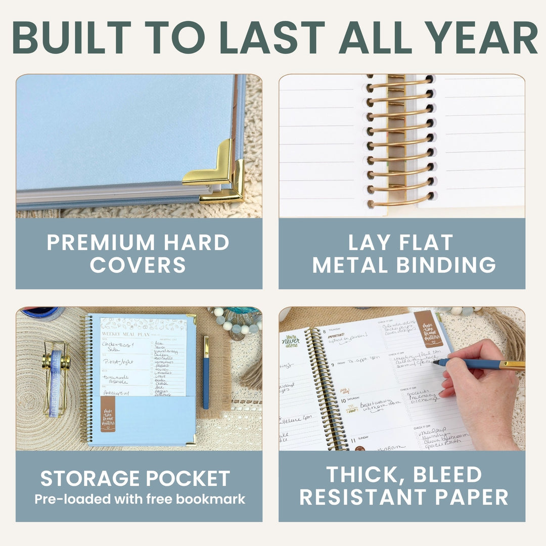 A 2x2 promotional graphic for a planner or notebook with the headline 'BUILT TO LAST ALL YEAR.' The four panels show close-ups of the hard cover corner, spiral binding, a storage pocket with free bookmark, and an open page with writing, each labeled with feature text like 'PREMIUM HARD COVER,' 'LAY FLAT METAL BINDING,' 'STORAGE POCKET,' and 'THICK, BLEED RESISTANT PAPER.