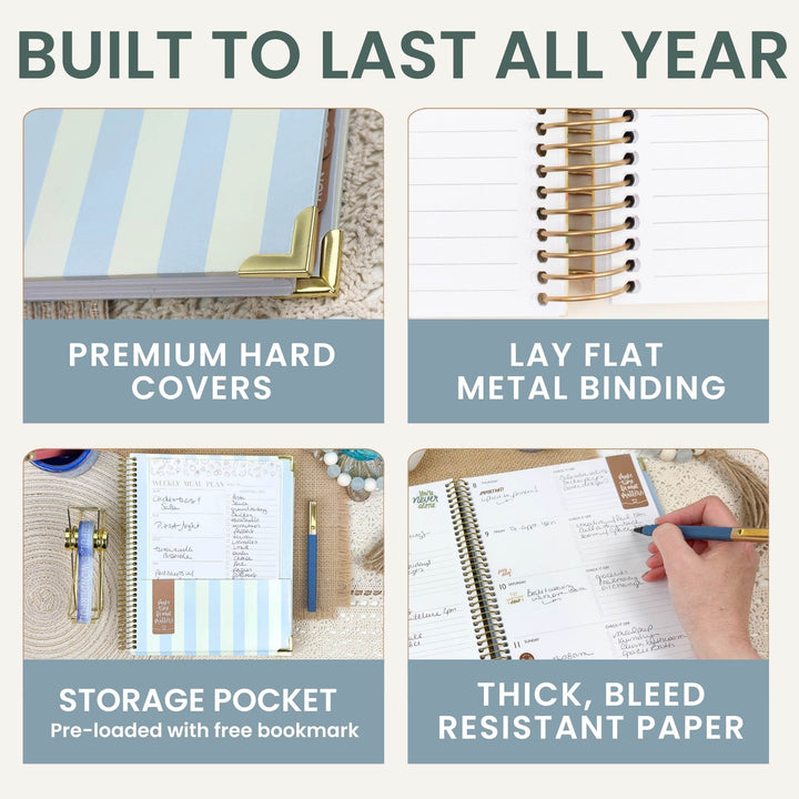 A 2x2 promotional graphic for a planner or notebook with the headline 'BUILT TO LAST ALL YEAR.' The panels show close-ups of the product features: a striped hard cover with a gold corner accent, a spiral metal binding, a storage pocket with free bookmarks, and a hand writing in the bleed-resistant paper.
