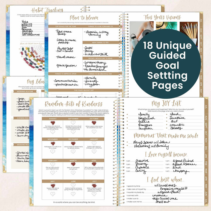 Open planner showing guided goal setting pages with text overlay.