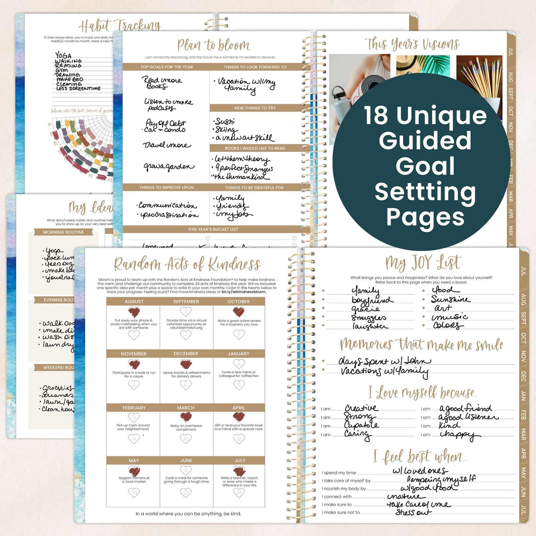 Goal setting planner with various pages and text on a white background