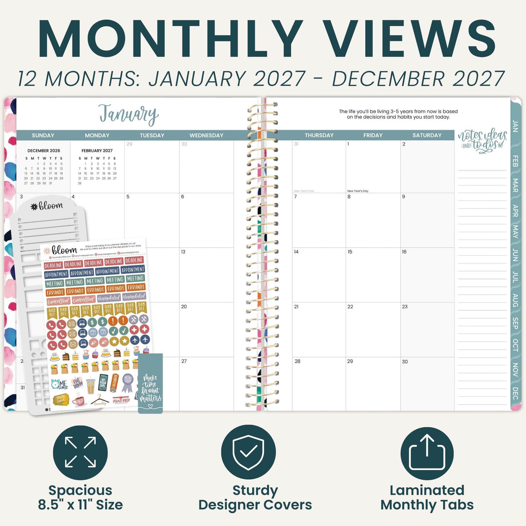 Monthly planner cover and sticker set shown on a light beige background with large text reading 'MONTHLY VIEWS' and '12 MONTHS: JANUARY 2027 - DECEMBER 2027.' The planner page features a clean monthly calendar layout, colorful ring binder tabs, and a stack of decorative stickers.