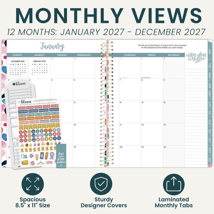 Monthly planner cover and sticker set shown on a light beige background with large text reading 'MONTHLY VIEWS' and '12 MONTHS: JANUARY 2027 - DECEMBER 2027.' The planner page features a clean monthly calendar layout, colorful ring binder tabs, and a stack of decorative stickers.
