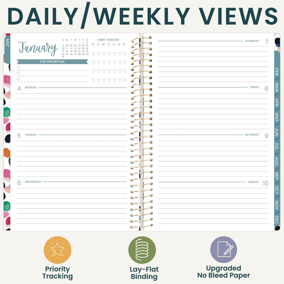 An open spiral-bound planner shown from the inside with a daily and weekly view layout. The page has lined sections for Monday through Sunday, calendar trackers for January and hard priorities, and colored sidebar headers for days and months.