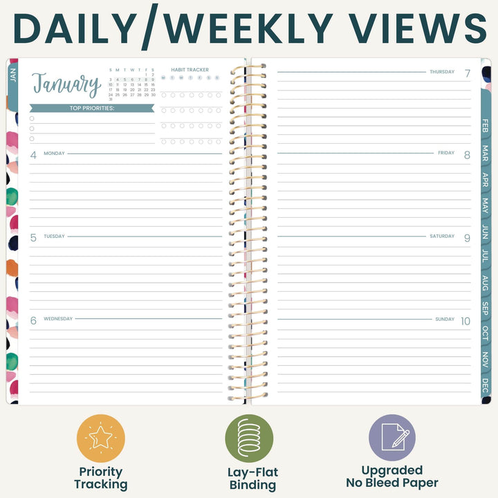 An open spiral-bound planner shown from the inside with a daily and weekly view layout. The page has lined sections for Monday through Sunday, calendar trackers for January and hard priorities, and colored sidebar headers for days and months.