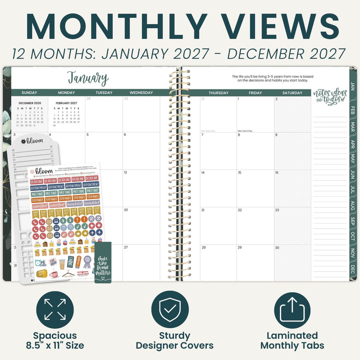 An open spiral-bound monthly planner view showing January 2027 with decorative planner stickers beside it, under the heading 'MONTHLY VIEWS' and feature callouts for spacious 8.5 x 11 size, sturdy designer covers, and laminated monthly tabs.