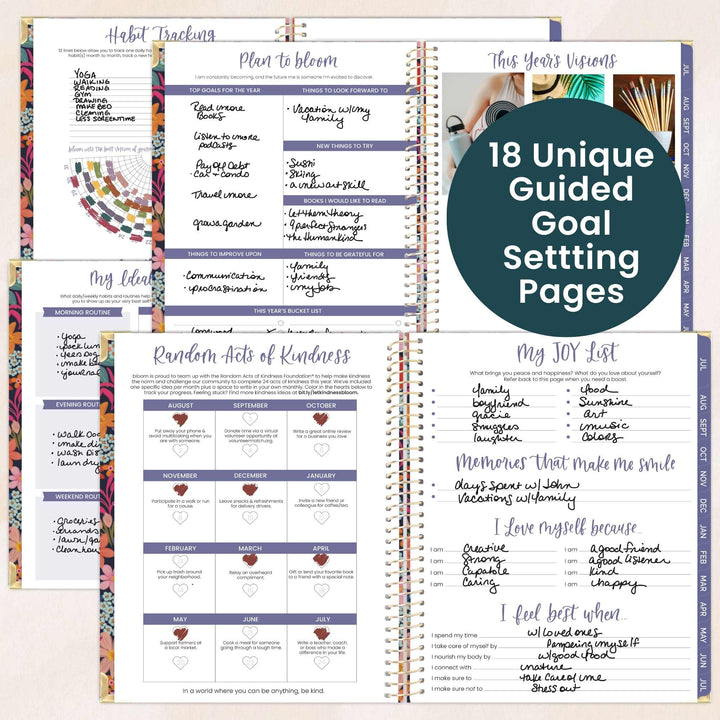 Collection of guided goal setting pages with various activities on a white background.