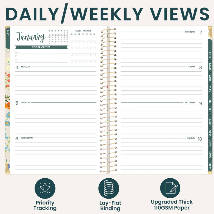 An open spiral-bound planner shown from the back, featuring lined daily and weekly views, a calendar page, habit tracker, and binding details. The image includes the text 'DAILY/WEEKLY VIEWS' at the top and three feature icons and labels at the bottom: 'Priority Tracking,' 'Lay-Flat Binding,' and 'Upgraded Thick 110GSM Paper.