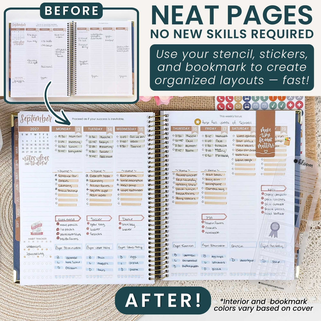 A promotional collage for a planner sticker set showing a spiral-bound planner open with filled-in pages labeled BEFORE and AFTER, plus large text reading 'NEAT PAGES NO NEW SKILLS REQUIRED.' The planner pages contain printed weekly and monthly layouts, and the sticker sheet is partially visible at the top left.