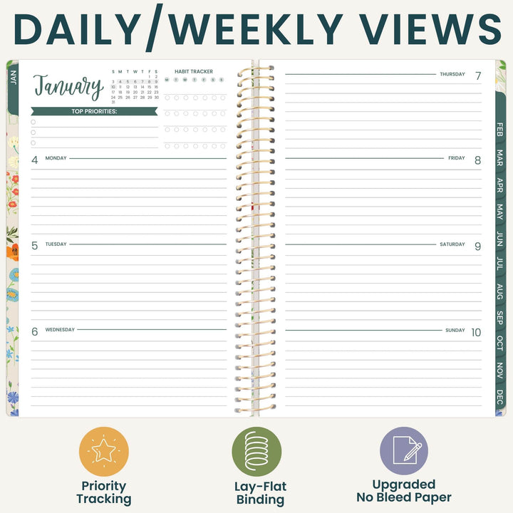 An open spiral-bound planner spread showing a daily and weekly view layout with lined pages, date boxes, and feature callouts at the bottom on a light beige background.