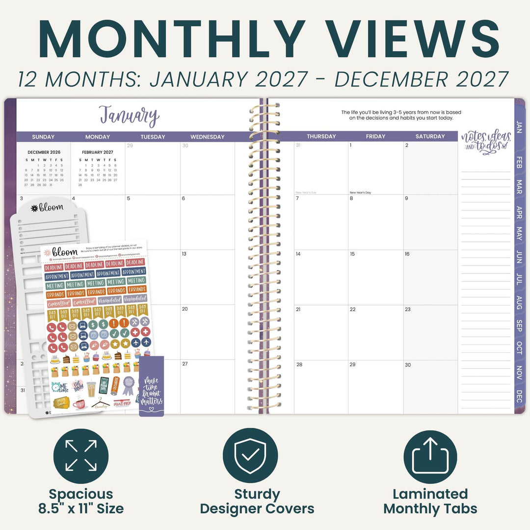 Monthly planner spread shown open with a January 2027 calendar page, decorative planner covers, and sticker sheets on a light beige background. Large text at the top reads 'MONTHLY VIEWS' and '12 MONTHS: JANUARY 2027 - DECEMBER 2027,' with feature icons at the bottom describing spacious 8.