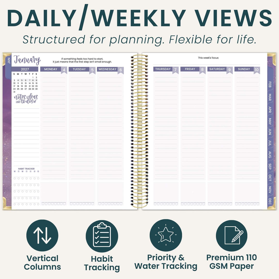 An open spiral-bound daily and weekly planner spread on a light beige background with marketing text at the top and feature icons at the bottom. The planner pages are white with dark teal headers, purple day labels, and a gold spiral binding.