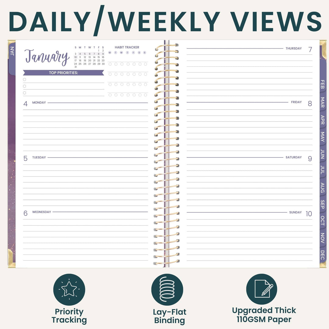 An open spiral-bound planner shown on a clean light background with the heading 'DAILY/WEEKLY VIEWS' at the top and three feature icons at the bottom: priority tracking, lay-flat binding, and thick paper.