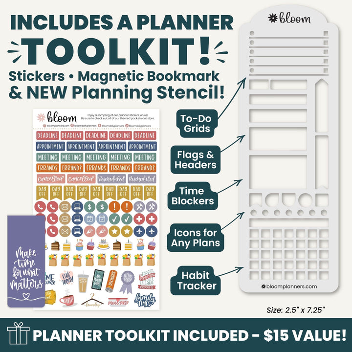 Promotional graphic for a planner toolkit set by bloom, showing a large white planner stencil on the right, a sheet of colorful stickers on the left, and text listing included items: planner toolkit, stickers, magnetic bookmark, and a new planning stencil.
