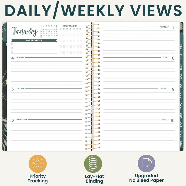 Opened daily/weekly planner with gold spiral binding and lined weekly pages