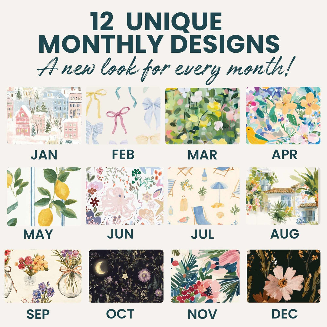Grid of 12 monthly design cards with text '12 Unique Monthly Designs' and 'A new look for every month!'.