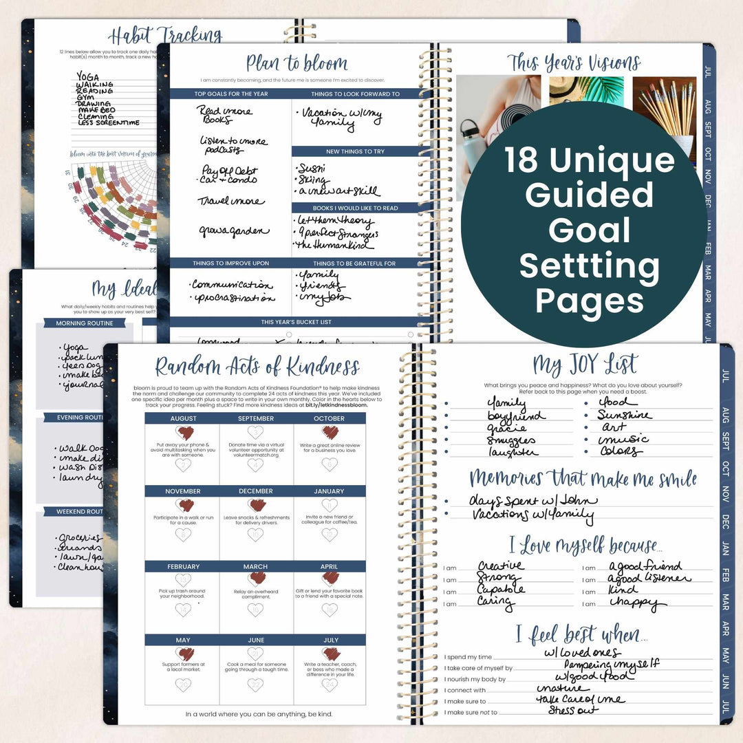 Open planner showing guided goal setting pages with text overlay.