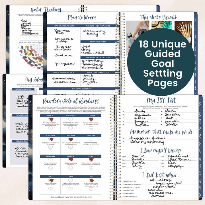 Open planner showing guided goal setting pages with text overlay.