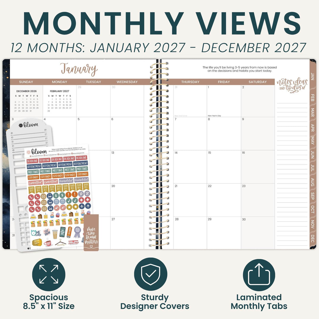 A promotional graphic for a laminated monthly planner view. The main subject is an open spiral-bound monthly calendar page showing January 2027 with columns for Sunday through Saturday and blank viewing boxes for each day.