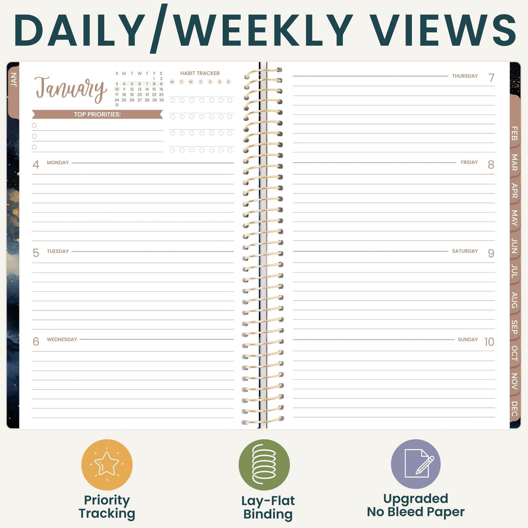 An open spiral-bound planner shown from above, with daily and weekly view layouts, lined calendar pages, and feature icons below. The top text reads 'DAILY/WEEKLY VIEWS' and the planner includes sections for priority tracking, lay-flat binding, and upgraded no bleed paper.