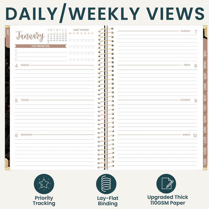 An open spiral-bound planner shown from the inside, with a daily and weekly view layout on white pages. The top reads 'DAILY/WEEKLY VIEWS' and the bottom features three feature icons and text for priority tracking, lay-flat binding, and thick paper.