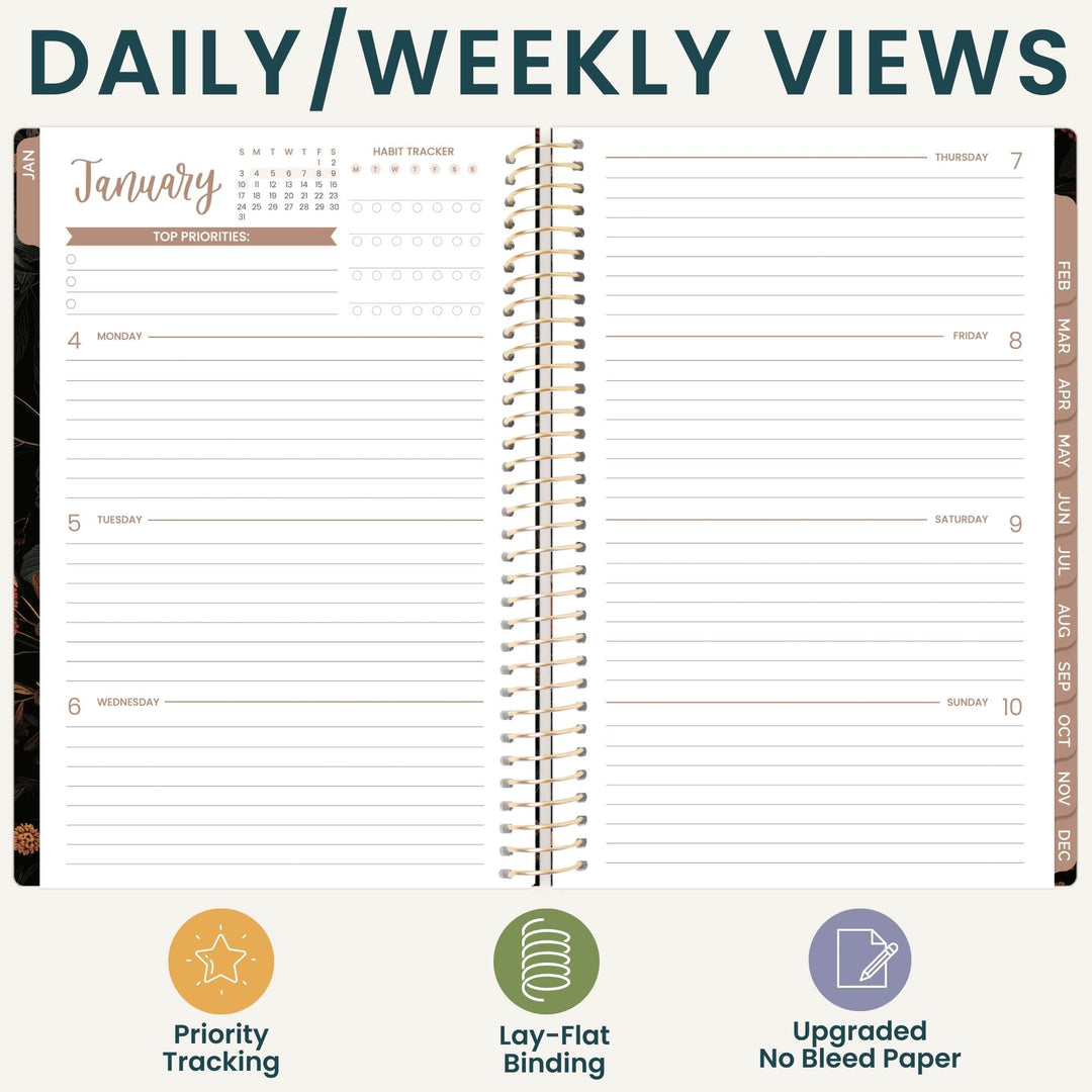 An open spiral-bound planner shown from above on a light beige background, with large text reading 'DAILY/WEEKLY VIEWS' at the top and three feature icons and labels along the bottom: Priority Tracking, Lay-Flat Binding, and Updated No Bleed Paper.