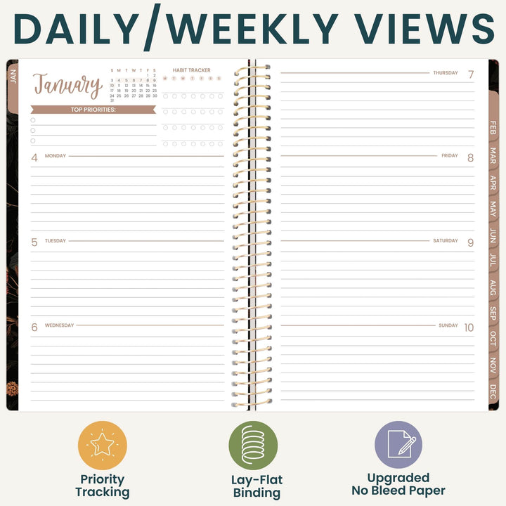 An open spiral-bound planner shown from above on a light beige background, with large text reading 'DAILY/WEEKLY VIEWS' at the top and three feature icons and labels along the bottom: Priority Tracking, Lay-Flat Binding, and Updated No Bleed Paper.