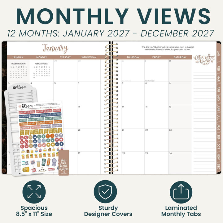 Monthly planner spread shown open with a January calendar page, plus a stack of decorative sticker sheets and planner tabs. Large text at the top reads 'MONTHLY VIEWS' and '12 MONTHS: JANUARY 2027 - DECEMBER 2027.