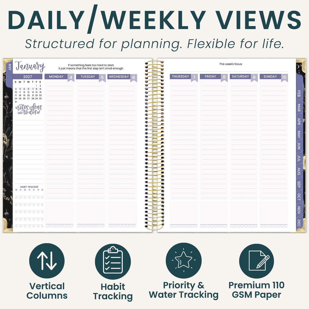 An open spiral-bound planner shown on a light beige background with the headline 'DAILY/WEEKLY VIEWS' and supporting text. The planner pages are mostly white with dark teal headers and columns, and the cover edge shows a dark floral pattern.