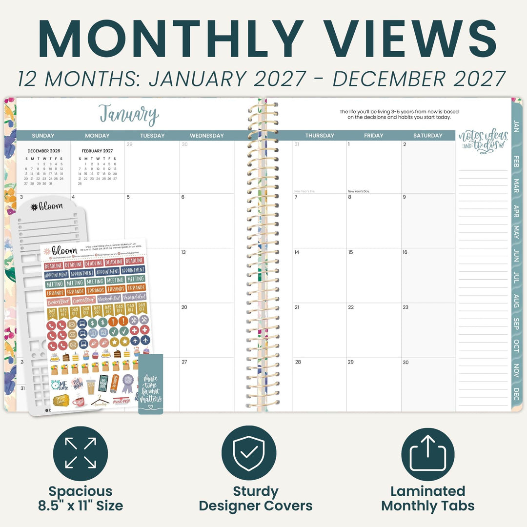 A monthly planner layout shown open with a January 2027 calendar page, decorative sticker sheets, and marketing text reading 'MONTHLY VIEWS' and '12 MONTHS: JANUARY 2027 - DECEMBER 2027.' Three feature icons at the bottom mention spacious 8.