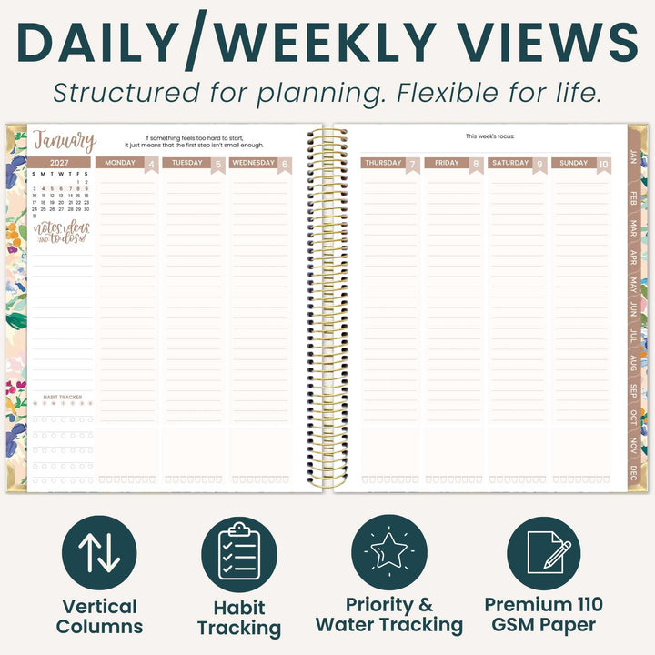 An open spiral-bound planner shown on a light gray background with the headline 'DAILY/WEEKLY VIEWS' and supporting text. The planner pages are mostly white with dark teal headers and columns, gold spiral binding, and floral border accents.