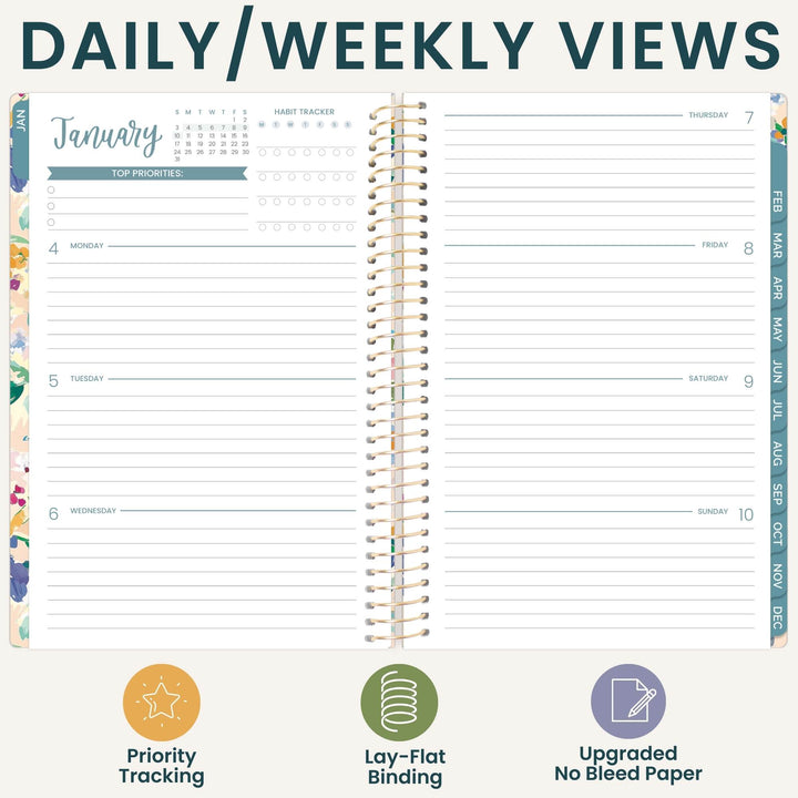 An open spiral-bound planner shown from the inside with a daily/weekly view layout, large title text reading 'DAILY/WEEKLY VIEWS' at the top, and three feature icons and labels along the bottom: Priority Tracking, Lay-Flat Binding, and Updated No Bleed Paper.