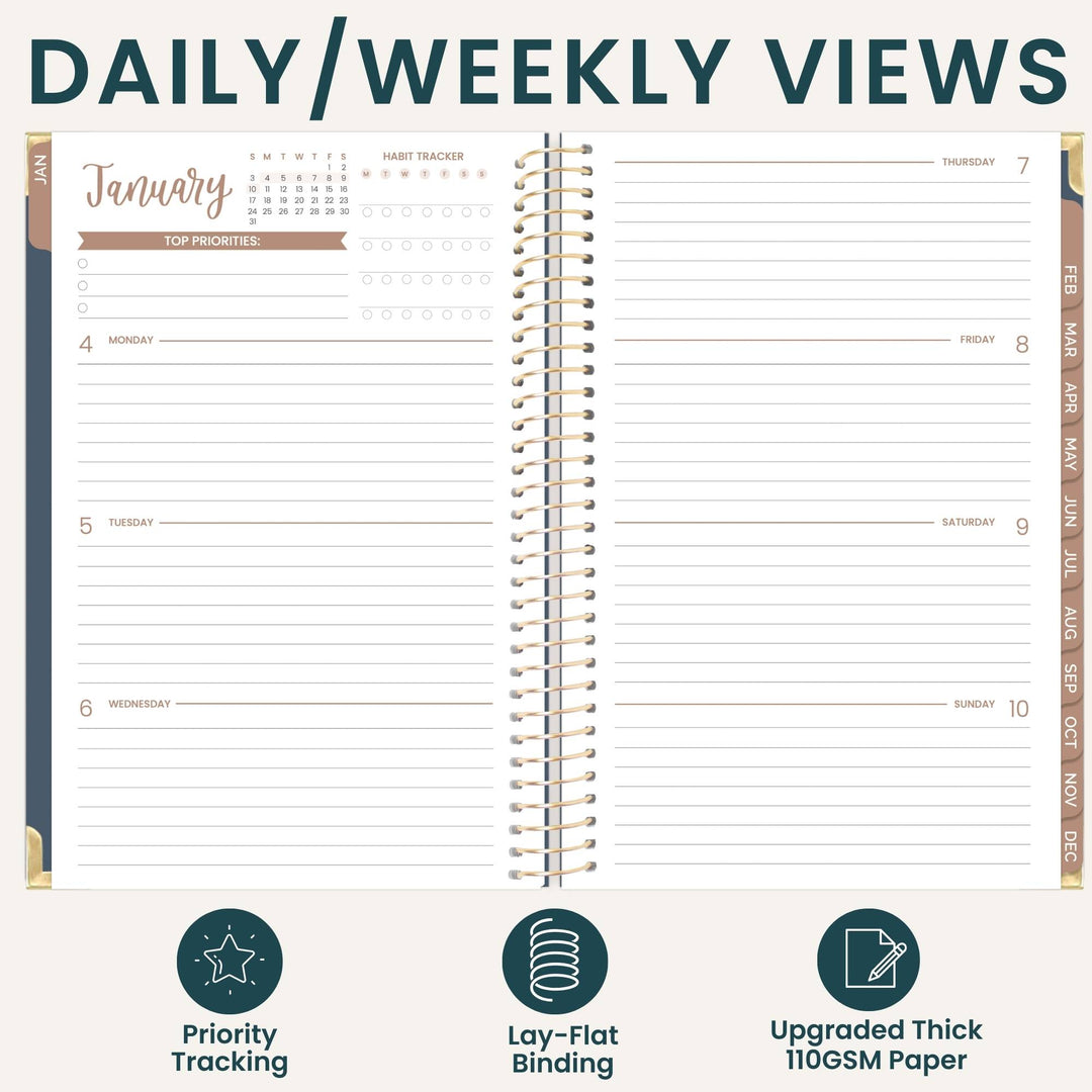 An open spiral-bound planner shown from the back, with large dark teal text at the top reading 'DAILY/WEEKLY VIEWS' and three feature icons and labels along the bottom. The planner pages are white with thin gray lines, a monthly calendar in January, habit tracker sections, and weekday columns.