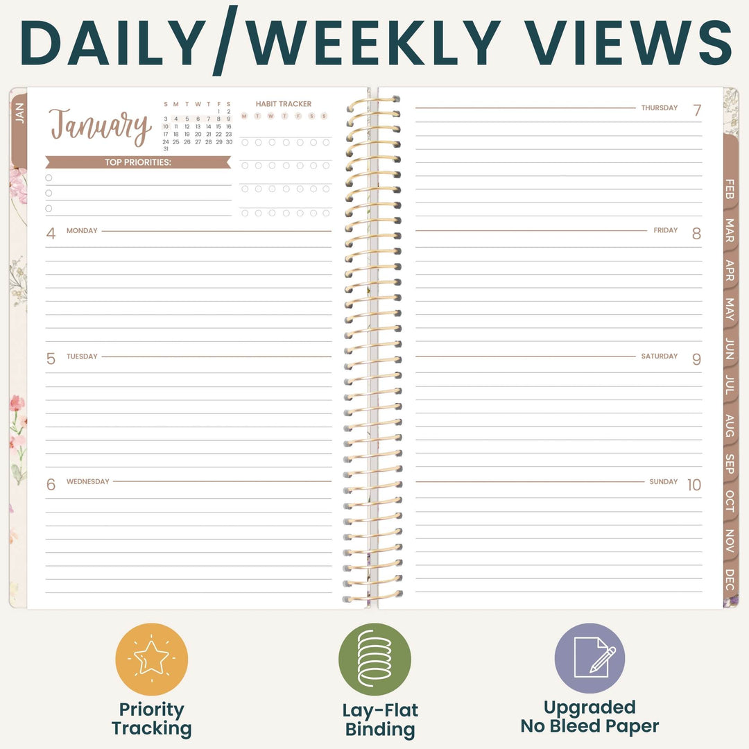 An open spiral-bound planner showing a daily and weekly view layout with lined sections for Monday through Sunday, plus feature icons and text at the bottom reading 'Priority Tracking,' 'Lay-Flat Binding,' and 'Upgraded No Bleed Paper.'.